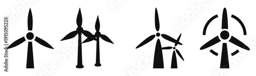 Four wind turbine icons isolated on white background for renewable energy and clean power concept