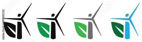 Four wind turbines generating clean renewable energy with green blades against white background for sustainability and eco-friendly power solutions
