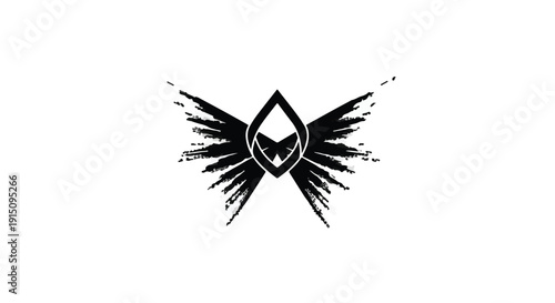 Black grunge wings logo with abstract shield emblem on white background, creative artistic symbol design