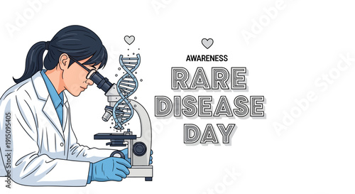 Illustration of a scientist examining a DNA strand through a microscope for Rare Disease Day awareness with a support system to show your stripes.