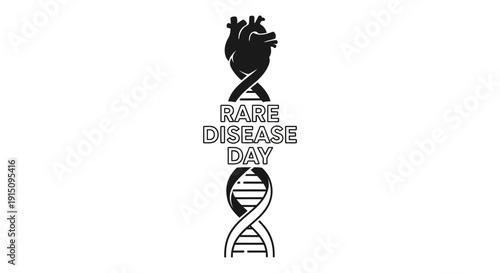 A black vector icon illustration for Rare Disease Day featuring a heart and DNA strand on a white background with a support system message.