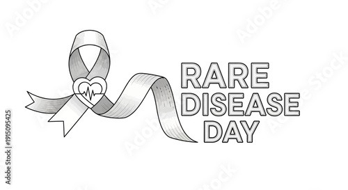 Illustration of a gray awareness ribbon with a heart, symbolizing support for Rare Disease Day and global solidarity for those affected by undiagnosed conditions and genetic disorders.