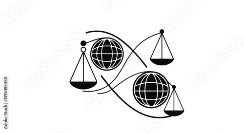 Stylized illustration of balanced globes and scales symbolizing global harmony and equilibrium in a modern abstract design