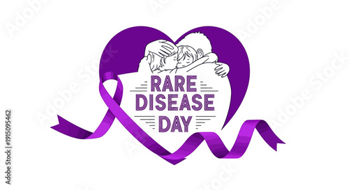 Vector illustration of a purple heart with a ribbon for Rare Disease Day awareness, symbolizing support for those with genetic disorders and undiagnosed conditions on a global scale.