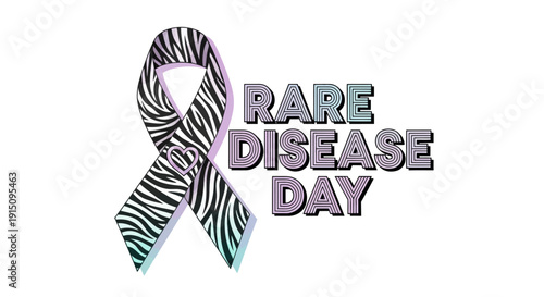 Vector illustration of a zebra-print ribbon with 'RARE DISEASE DAY' text on a white background, raising awareness for orphan diseases and genetic disorders with a support system and