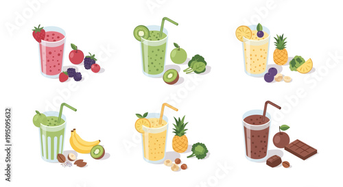 Variety of Fresh and Healthy Smoothies with Diverse Fruits and Vegetables
