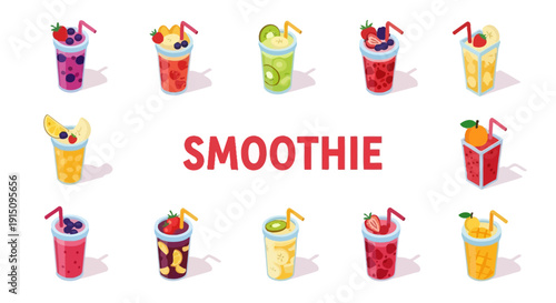 Variety of Refreshing Smoothies: A Collection of Colorful and Fruity Drinks on White Background