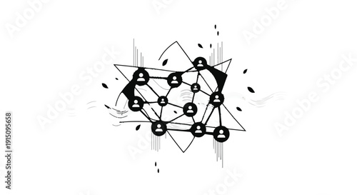 Black geometric molecular structure illustration with connected nodes