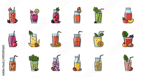 Variety of refreshing fruit smoothies in glasses and jars illustrated in a minimalist style