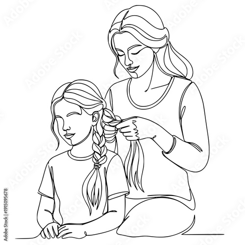 mother gently braiding daughter's hair in a tender moment of love and care together creating a heartwarming scene of bonding and connection between parent and child on a simple white background.