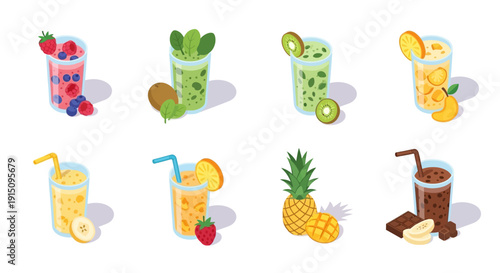 Variety of Vibrant Fruit and Vegetable Smoothies in Isometric Style Graphic Illustration