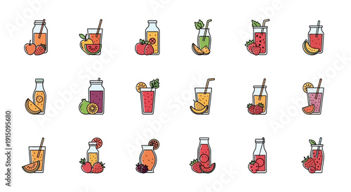 Various colorful and refreshing fruit juice, drinks, and smoothie illustrations.