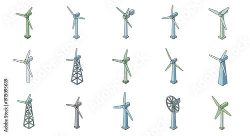 Variety of Wind Turbines in a Clean, Isometric Style for Renewable Energy Concepts