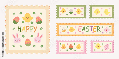 A collection of colorful easter themed postage stamps with chicks and eggs