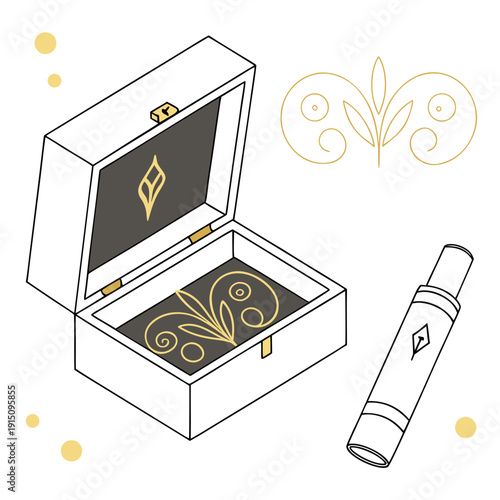 A white box with a gold design on the inside lid and a cylindrical object