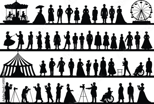 Victorian people silhouettes set, vintage crowd characters with carnival tent ferris wheel photographers, black retro vector illustration isolated on white background