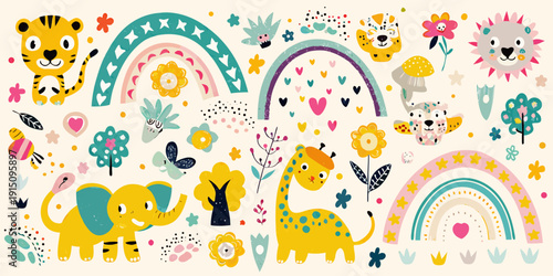 Colorful illustration featuring animals rainbows and floral elements
