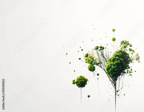 白背景に映える鮮やかなグリーンの植物。余白を活かしたモダンでクリーンなボタニカル背景。