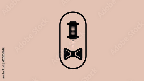 Black graphic, a needle with a thread spool above a bow tie, set within an oval on a beige background