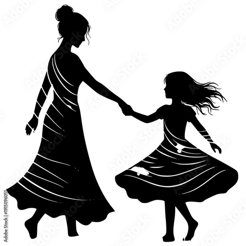 Silhouette of mother and daughter holding hands and dancing together in a joyful moment capturing love and connection between parent and child in a simple yet elegant design.