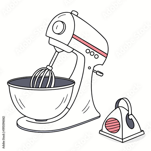 A mixer with a bowl and a cordless electric iron