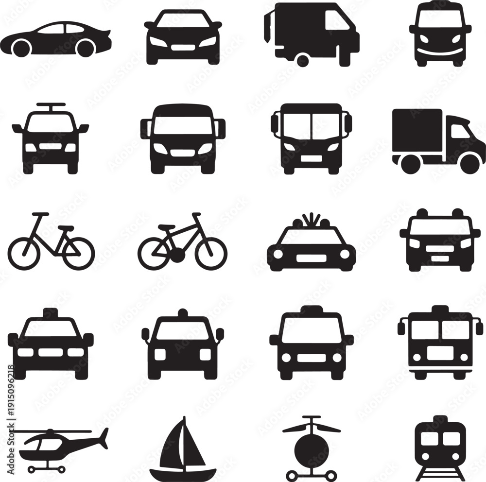 Fototapeta premium Collection of various vehicle icons on white background