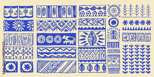 Collection of hand drawn blue and white african inspired textile patterns