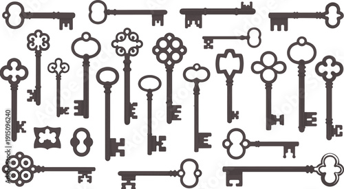 Vintage antique key silhouettes collection, ornate skeleton keys set, black vector illustration isolated on white background, retro locksmith design elements