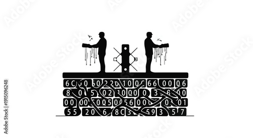 Two programmers working on coding project with binary code background, software development concept, teamwork, collaboration, coding, programming, technology, digital illustration