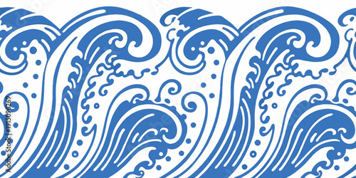Stylized blue waves create a repeating pattern against a white background