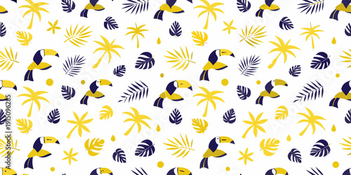 Tropical pattern with toucans palm leaves and bright yellow accents