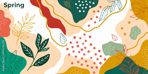 Abstract spring botanical illustration with colorful shapes and leaf details