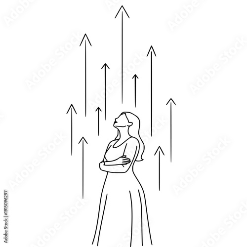 Confident woman standing surrounded by upward trending arrows symbolizing success growth and positive momentum in business and personal development.