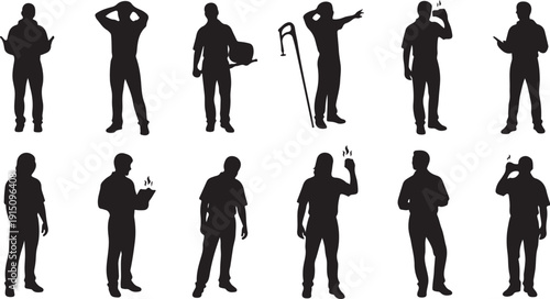 Silhouettes of men in various poses and actions standing