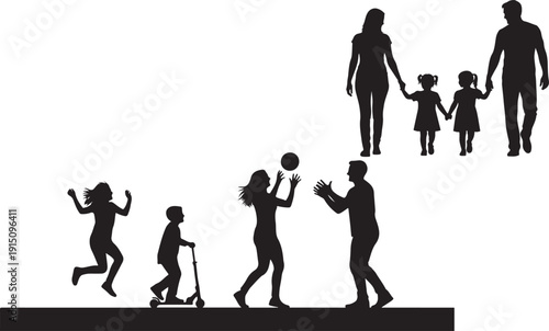 Family life stages depicted as silhouetted figures walking and playing