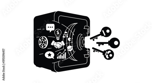 Safe with keys and financial icons, security and investment concept