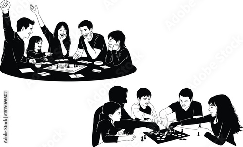 Black and white illustration of people gathered around tables appearing to play games