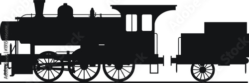 Vintage steam locomotive silhouette, old railway train engine with wagon, black retro transport vector illustration isolated on white background