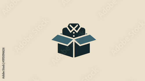 A geometric illustration of a shirt inside a box on a cream-colored background