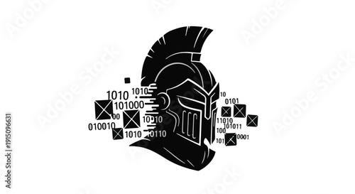 Black Spartan helmet with binary code and circuit board elements, symbolizing cybersecurity and technology, futuristic and modern illustration