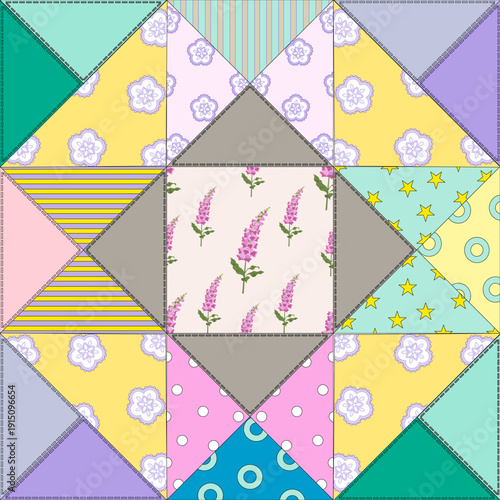 Patchwork Quilt Pattern: An eye-level shot captures a meticulously crafted patchwork quilt block featuring an array of vibrant.