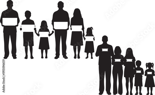 Family silhouette standing in a row holding name signs