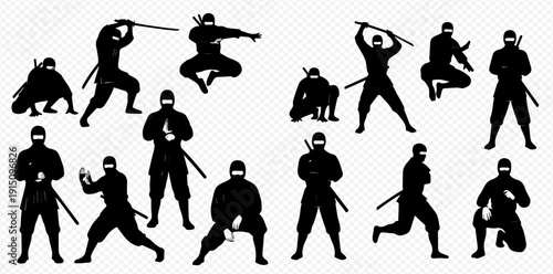 Ninja Silhouettes Collection: Dynamic Poses of Japanese Warriors with Traditional Weapons.