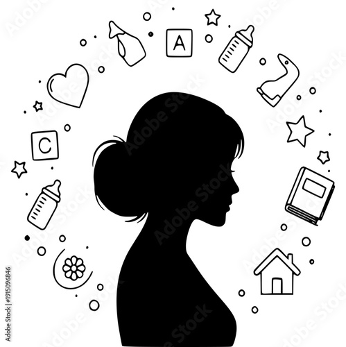 silhouette of motherhood profile with baby care icons surrounding her head representing parenting and childcare responsibilities with love and nurturing.