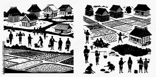 Traditional Asian village with farmers working in rice paddies, showcasing agricultural life and rural community.