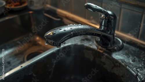 Zoomed-in view of a filthy kitchen sink