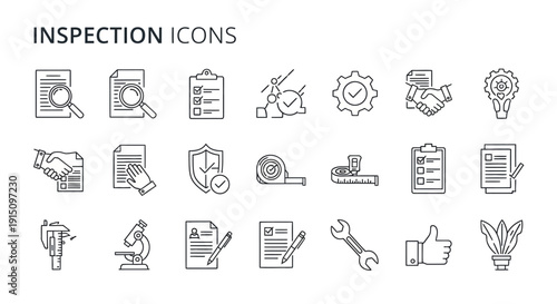 Set of minimalist inspection and quality control icons in outline style on white background