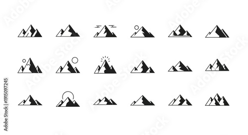 Set of minimalist mountain illustrations, ideal for outdoor brands and adventure themes
