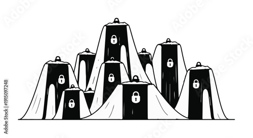 Snowy cityscape with padlocked buildings, winter urban landscape, secure frozen town, black and white illustration