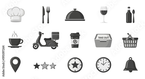 Set of minimalist restaurant and food delivery related icons isolated on white background